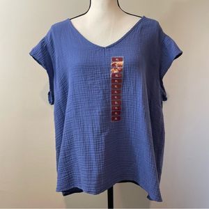 Three Dots Light Blue Periwinkle Textured V Neck Top Size XL NWT